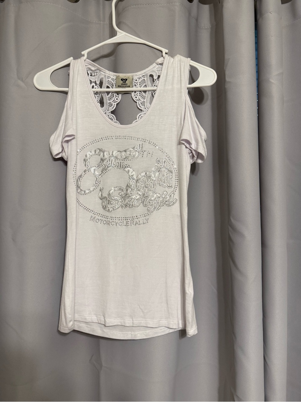 Vance Biker Wear Lace-Back Cold-Shoulder Sturgis Rhinestone Women's Top in White